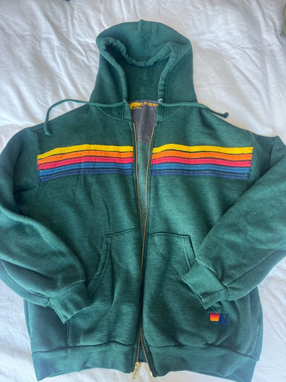 Aviator Nation Teal Zip Hoodie with Rainbow Stripe Accents